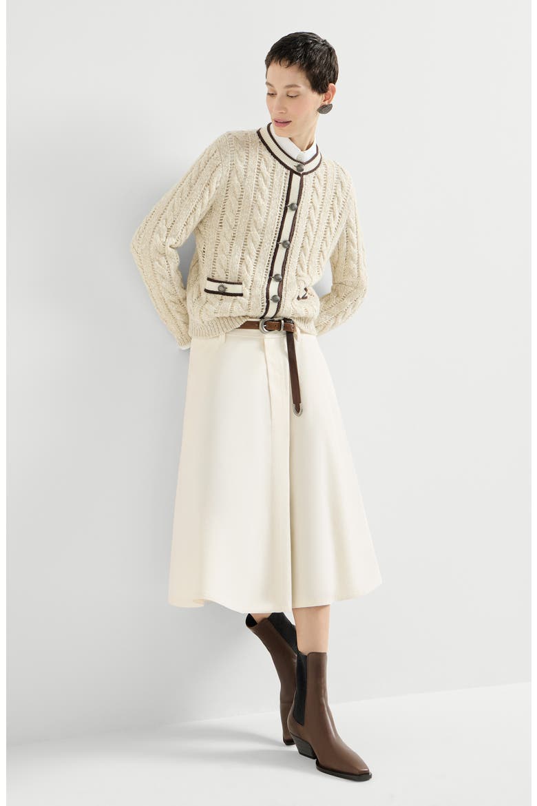 Dyed cotton and wool wrinkled denim full skirt with monili, Alternate, color, Panama