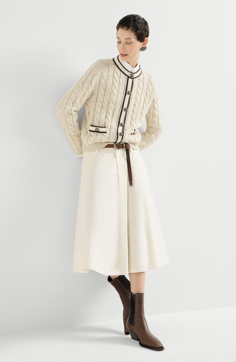 Brunello Cucinelli Dyed cotton and wool wrinkled denim full skirt with monili, Alternate, color, Panama