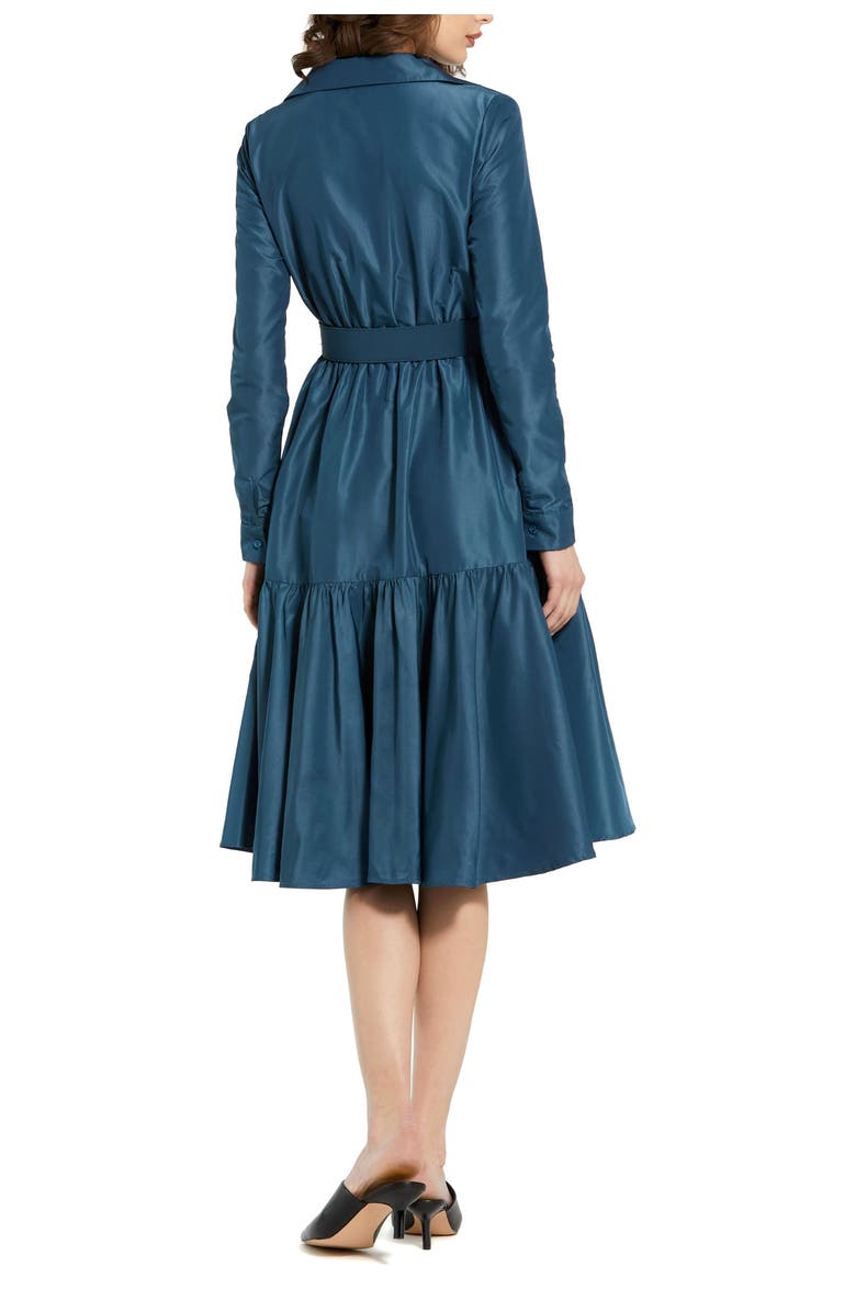 Mac Duggal Faille Long Sleeve Collared Belted Midi Dress, Alternate, color, Deep Blue