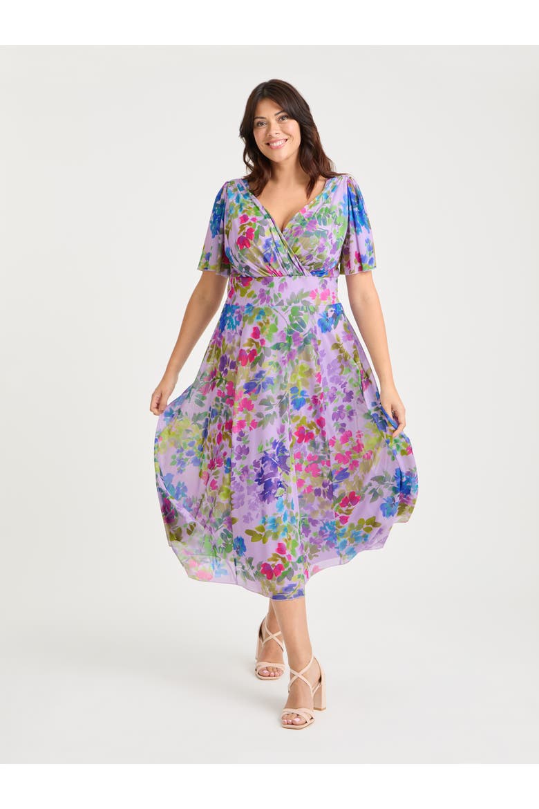 Victoria Floral Angel Sleeve Midi Dress, Main, color, Lilac Multi