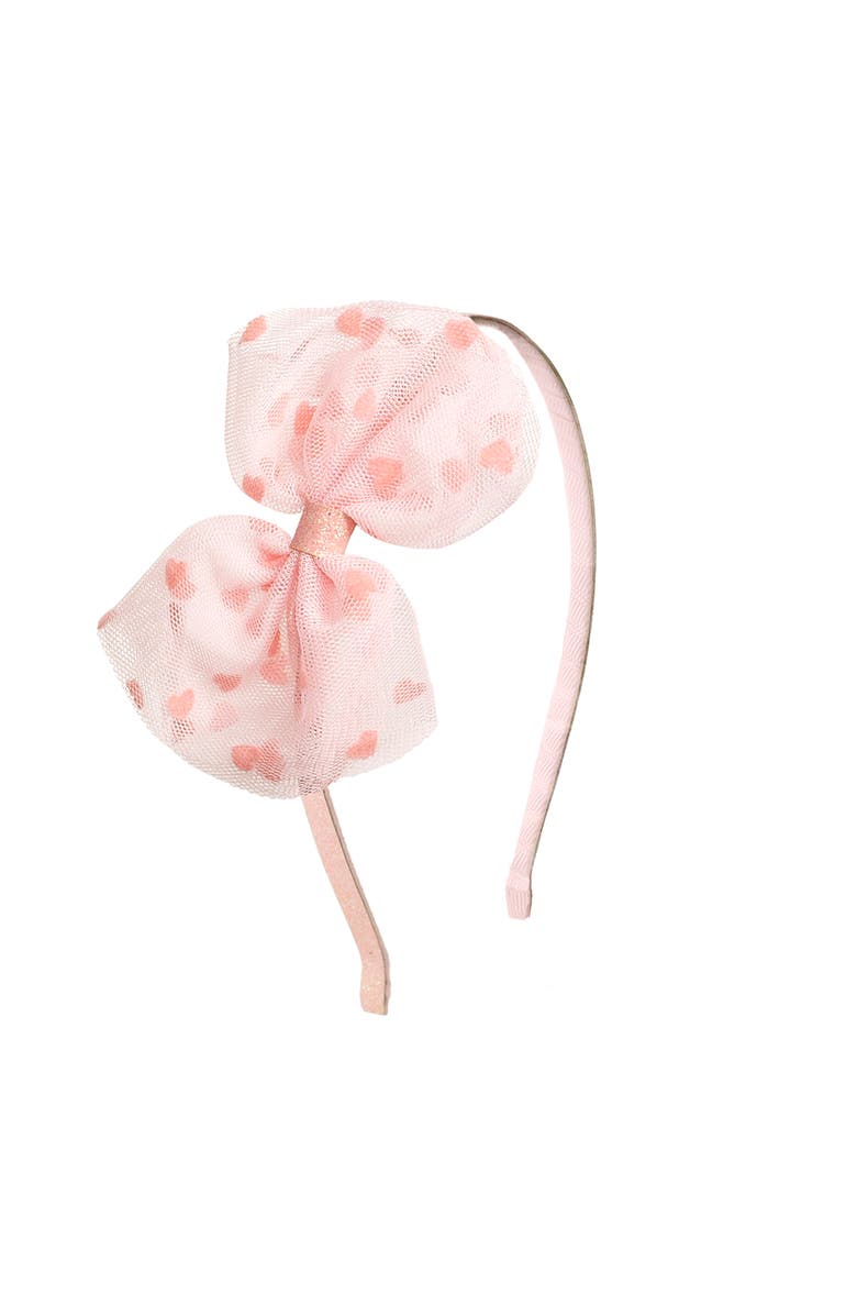 Sweet Wink Flocked Heart Valentine
s Day Tulle Bow Headband, Main, color, Pink
