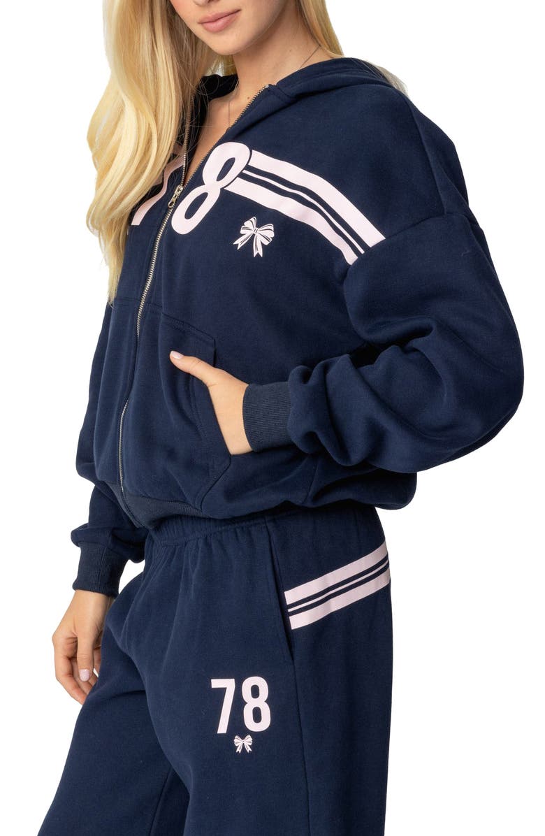 EDIKTED 78 Stripe Graphic Zip-Up Hoodie, Alternate, color, Navy