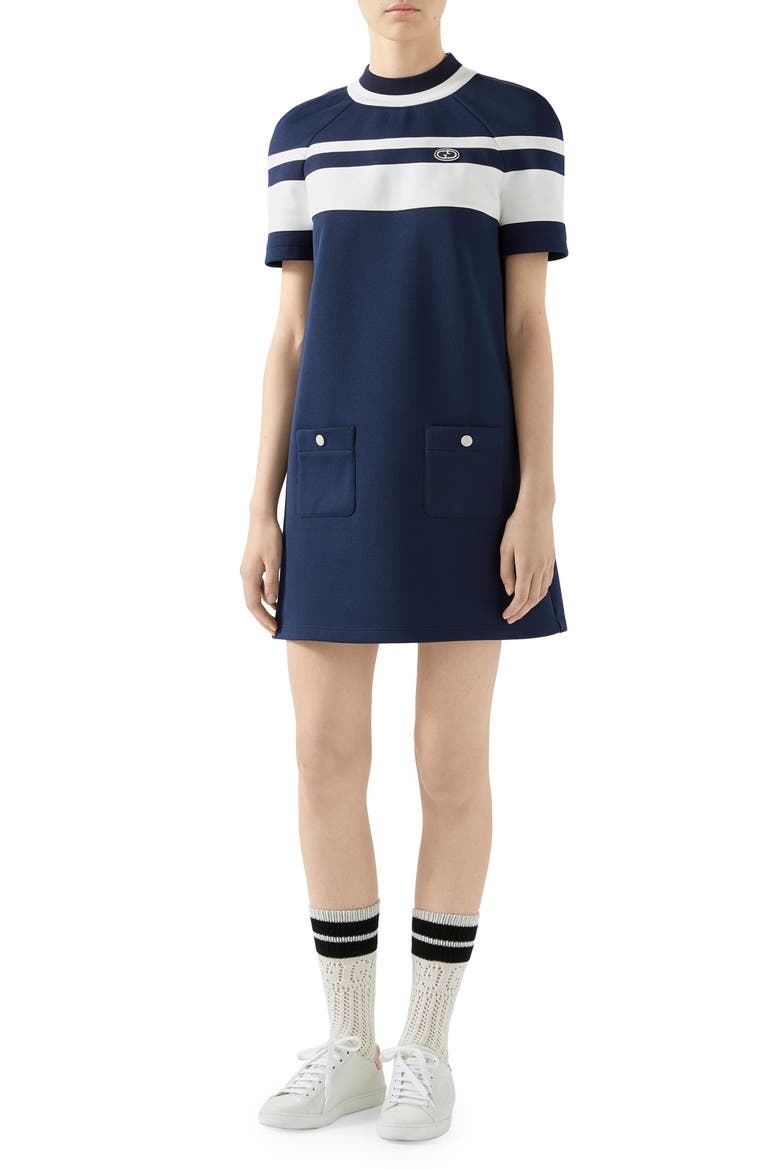 Stripe A-Line Jersey Piqué Dress, Main, color, BLUE/ WHITE