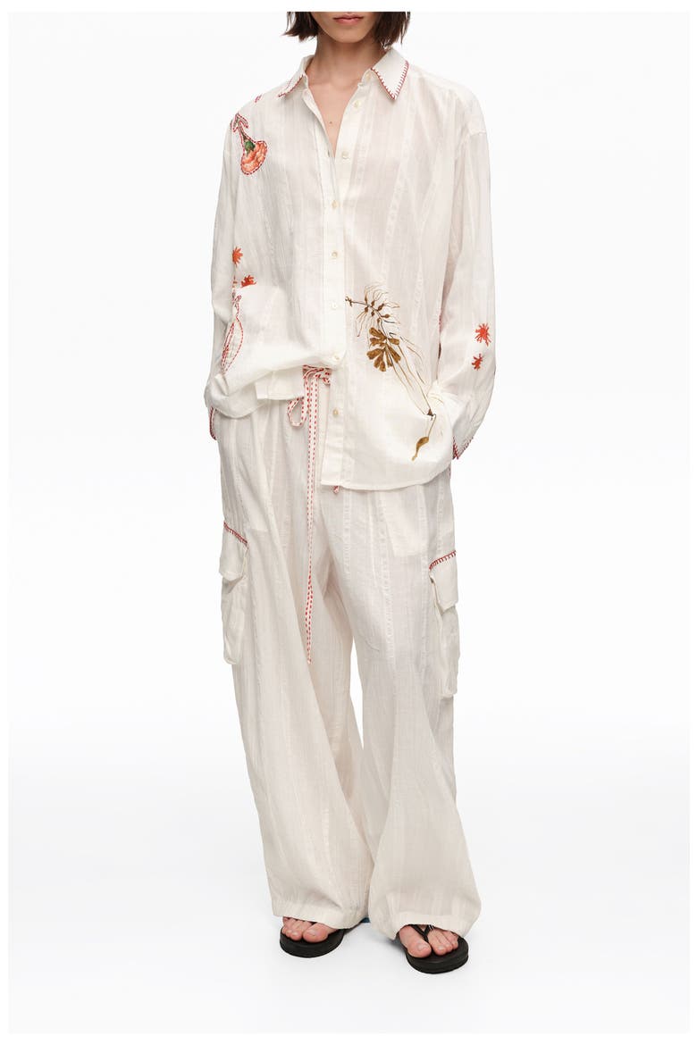 Barrel-Leg Cotton Trousers With Decorative Stitching, Main, color, IVORY