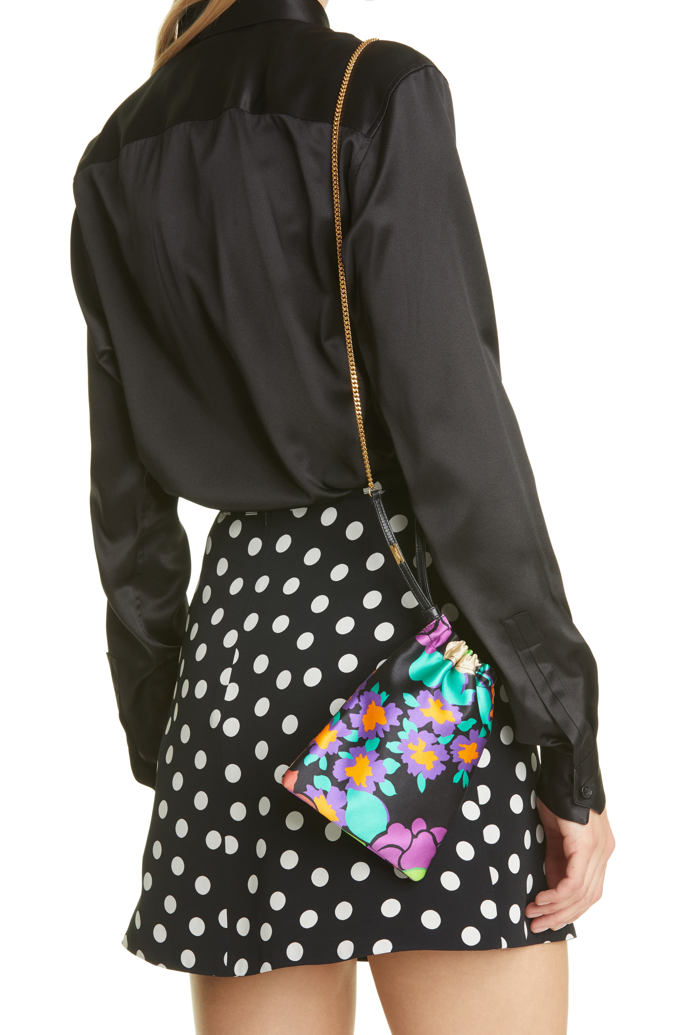 Saint Laurent Mini Pochon Floral Print Satin Drawstring Pouch Shoulder Bag, Alternate, color, 