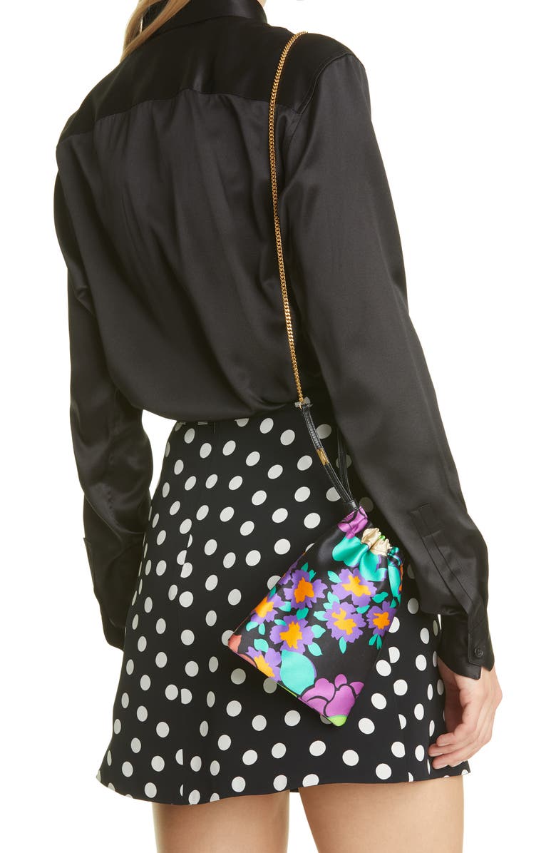 Saint Laurent Mini Pochon Floral Print Satin Drawstring Pouch Shoulder Bag, Alternate, color,