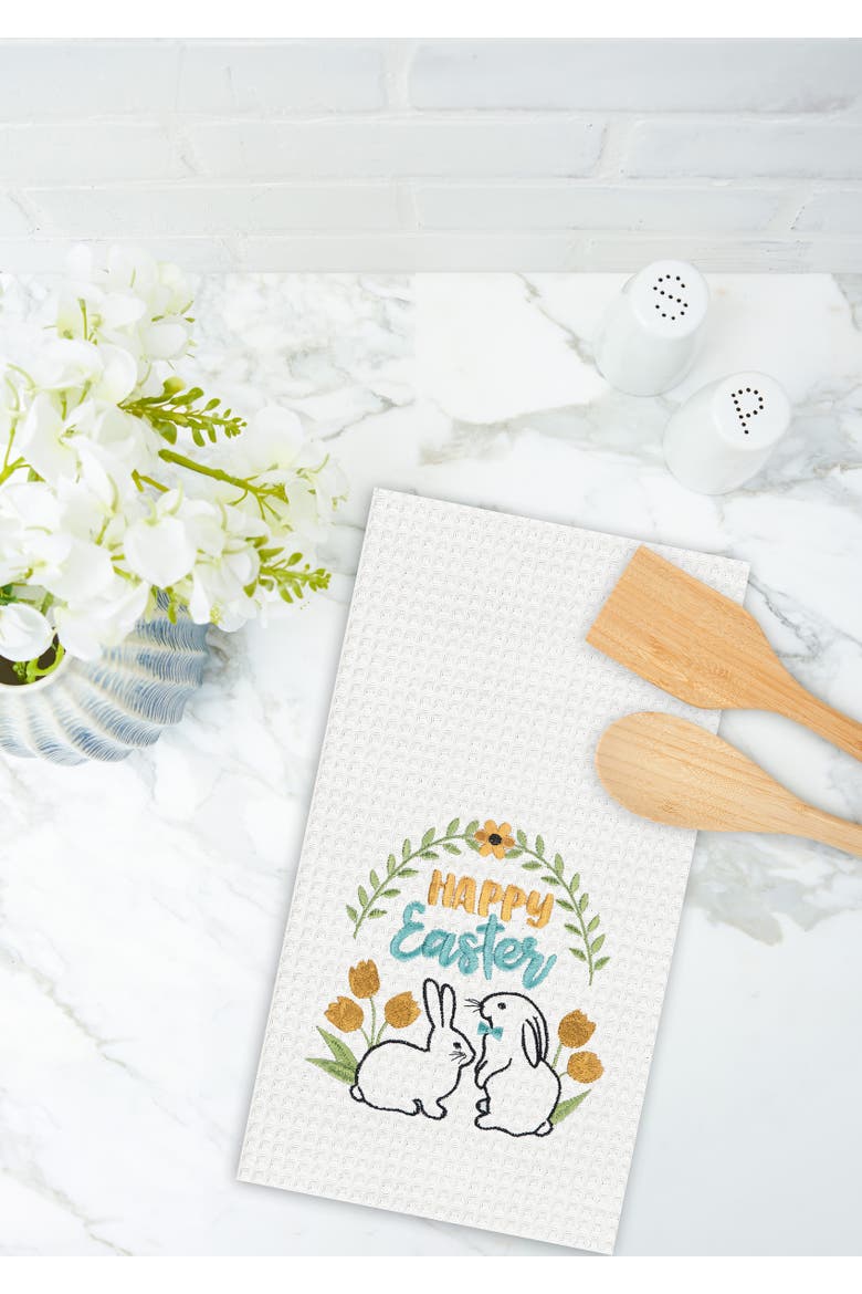 "Happy Easter" Bunny Rabbits 100% Cotton Waffle Weave Dishtowel, Alternate, color, Yellow