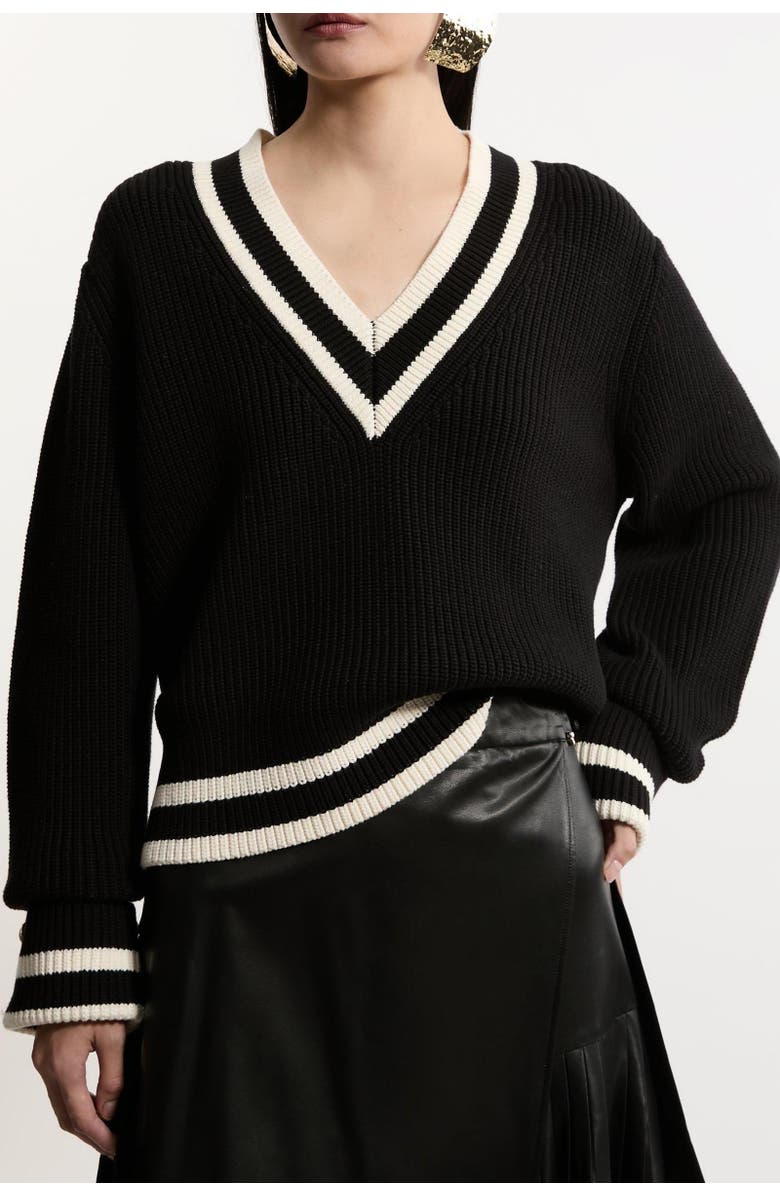 Karen Millen Cotton V-Neck Knit Boxy Jumper, Alternate, color, Black