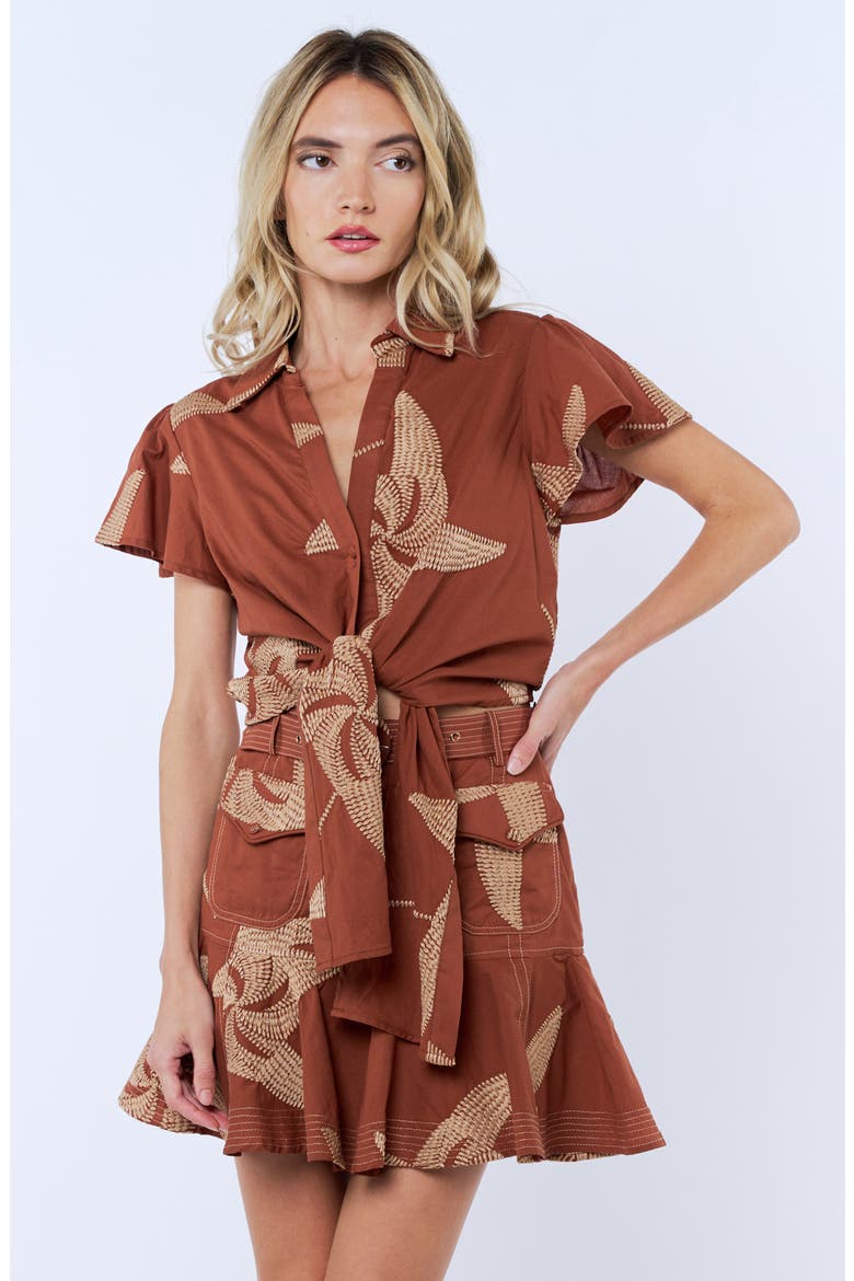 Renna Embroidered Detail Tie Front Button-Up Cotton Shirt, Alternate, color, CARAMEL