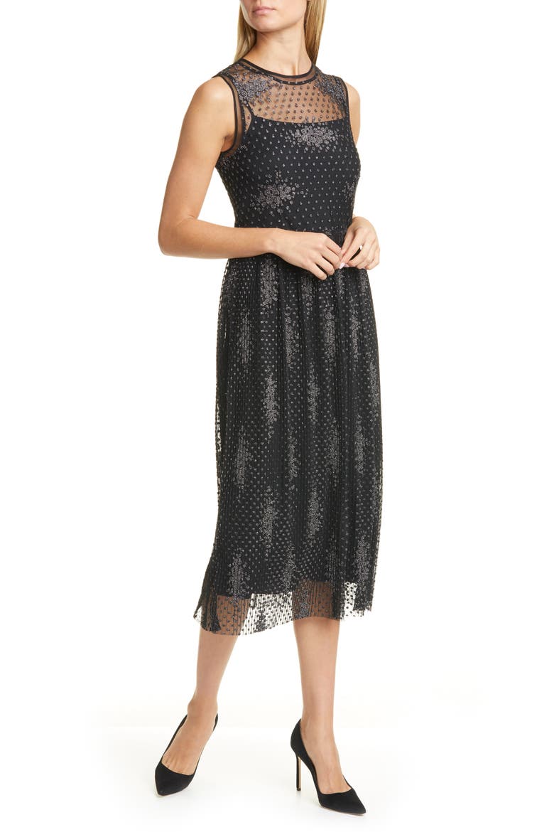 Delyssa Metallic Detail Lace Sleeveless Dress, Main, color, BLACK FANTASY