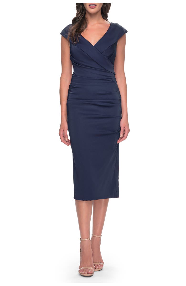La Femme Chic Short Evening Dress with Pleating, Main, color, Navy