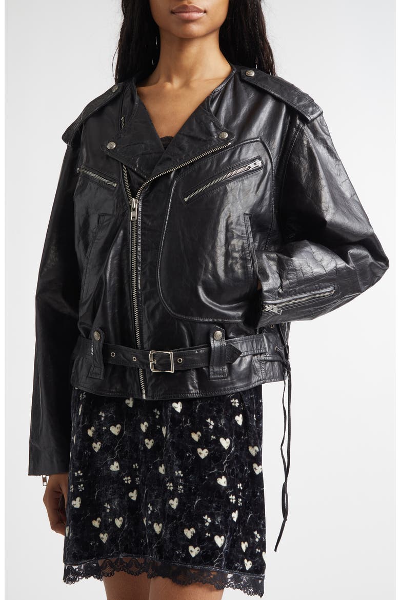 Belted Leather Moto Jacket, Alternate, color, BLACK