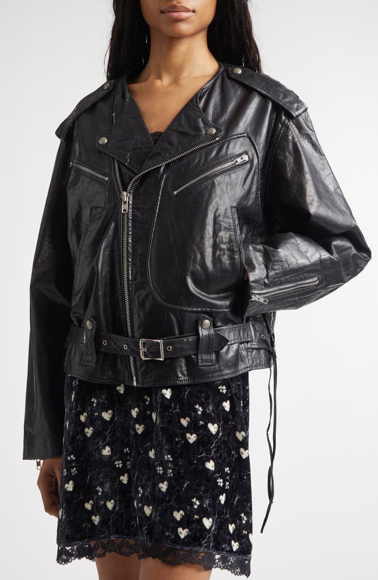 R13 Belted Leather Moto Jacket, Alternate, color, Black