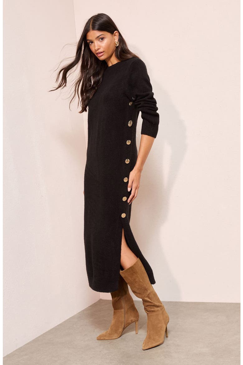Side Button Long Sleeve Sweater Dress, Alternate, color, BLACK