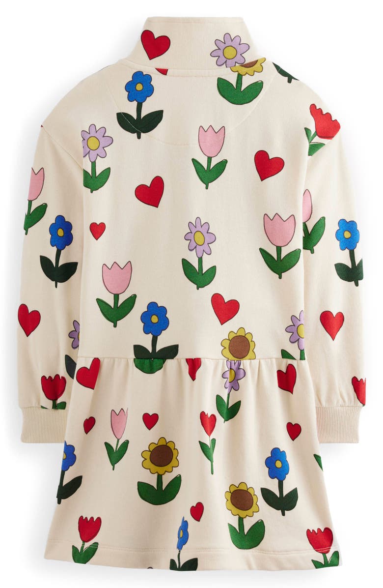 Mini Boden Kids' Floral Half Zip Long Sleeve Cotton Sweatshirt Dress, Alternate, color, Calico White Sunflower Garden