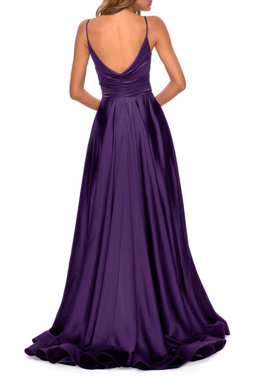La Femme Long Satin Dress With Side Slit And V Shaped Back In Royal Purple