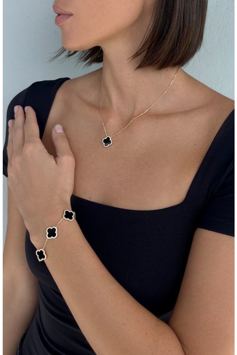 18k Gold Plated Cubic Zirconia Halo Set of 2 Necklace & Bracelet, Alternate, color, BLACK/ GOLD