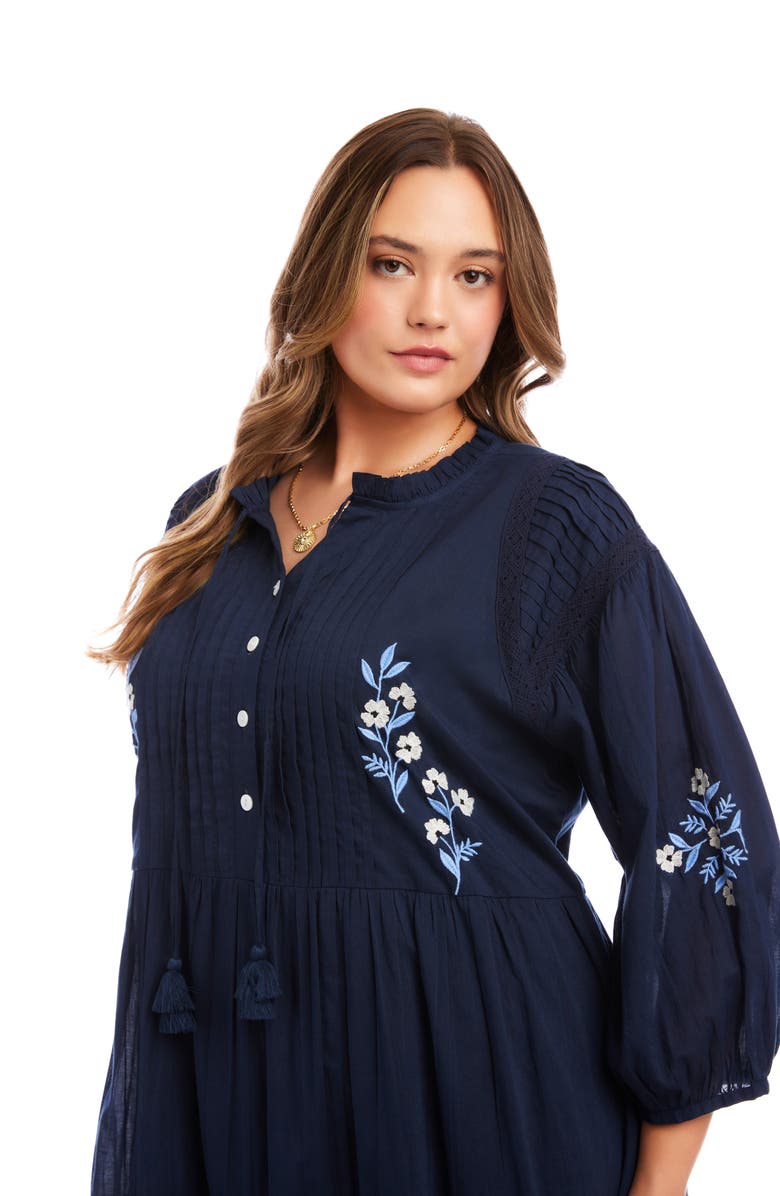 Karen Kane Floral Embroidered Tassel Cotton Dress, Alternate, color, Navy
