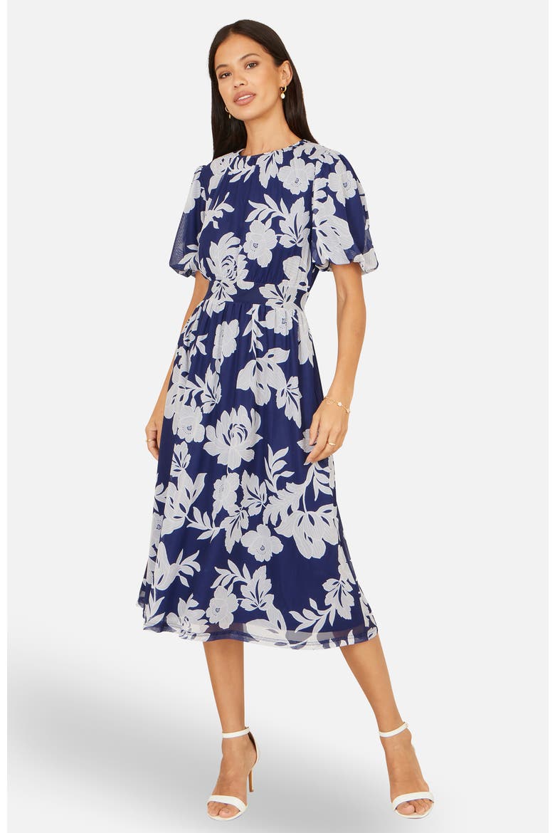 Flower Stretch Mesh Midi Dress, Alternate, color, Navy