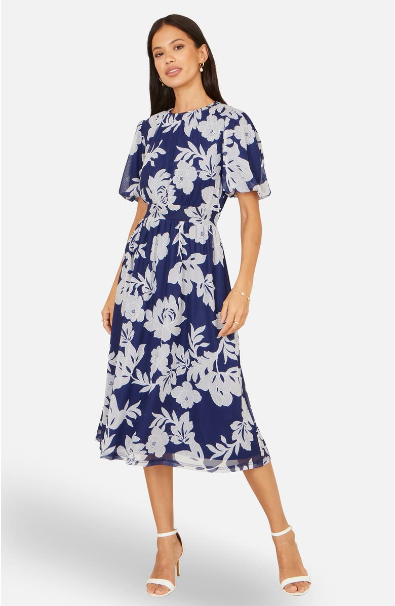 Yumi Flower Stretch Mesh Midi Dress, Alternate, color, Navy