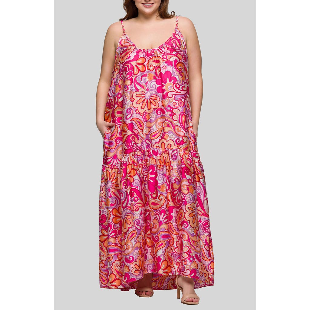24seven Comfort Apparel Plus Size Print Lightweight Spaghetti Strap Pocket Maxi Dress In Pink