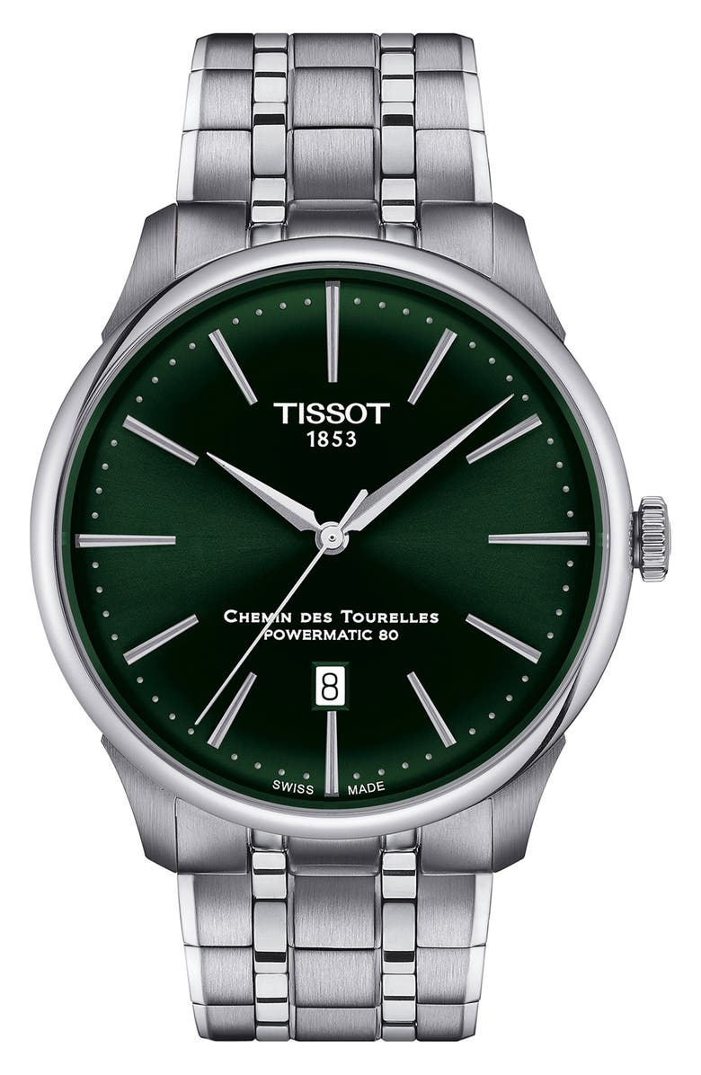 Tissot Chemin des Tourelles Powermatic 80 Bracelet Watch, 42mm, Main, color, Steel/ Green