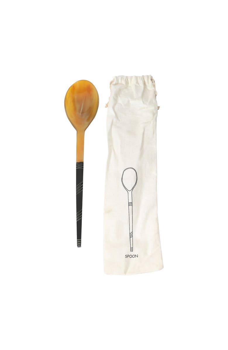 Storied Home Horn Serving Spoon in Printed Drawstring Bag, Main, color, Brown