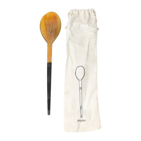 Horn Serving Spoon in Printed Drawstring Bag