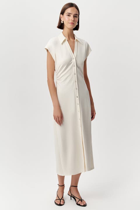 Ursula Collared Gathered Waist Knit Midi Dress