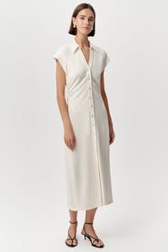 Exquise Ursula Collared Gathered Waist Knit Midi Dress