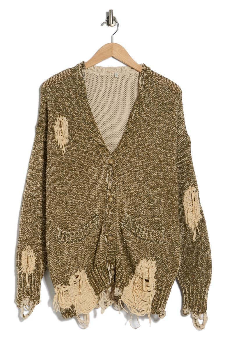 Distressed Oversize Cotton Cardigan, Alternate, color, PRINTED KHAKI TWEED BROWN
