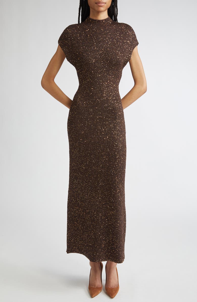Lela Rose Funnel Neck Sequin Knit Maxi Dress, Main, color, Chocolate