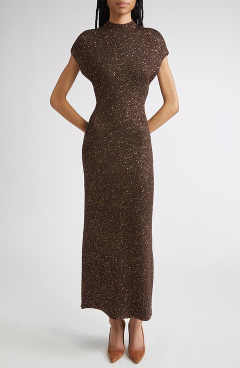 Funnel Neck Sequin Knit Maxi Dress