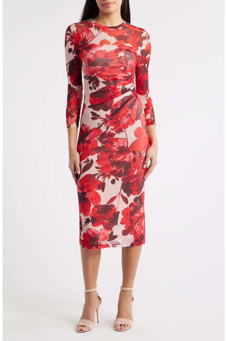 Side Ruched Long Sleeve Midi Dress, Main, color, ROSE MIST MULTI
