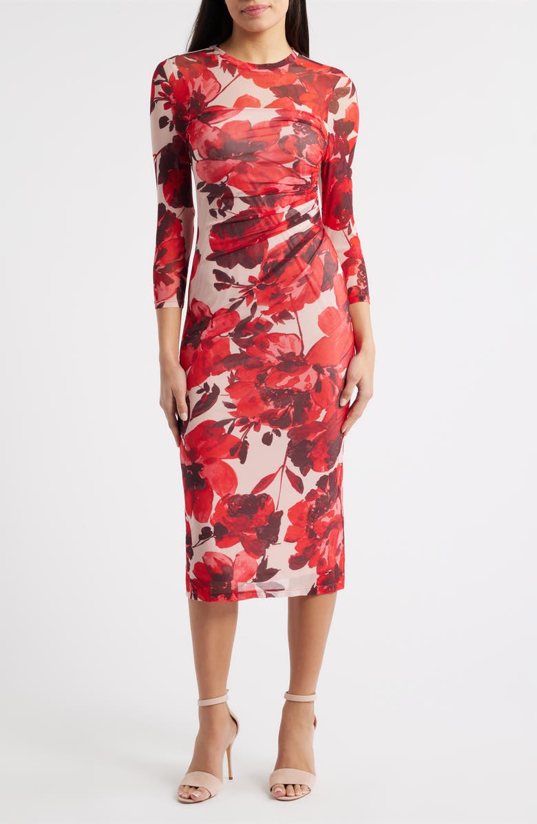 Anne Klein Side Ruched Long Sleeve Midi Dress, Main, color, Rose Mist Multi