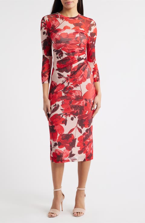 Side Ruched Long Sleeve Midi Dress