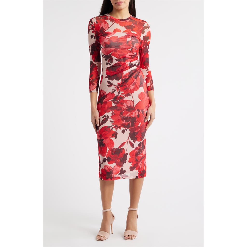AK ANNE KLEIN Side Ruched Long Sleeve Midi Dress in Rose Mist Multi at Nordstrom Rack, Size Small