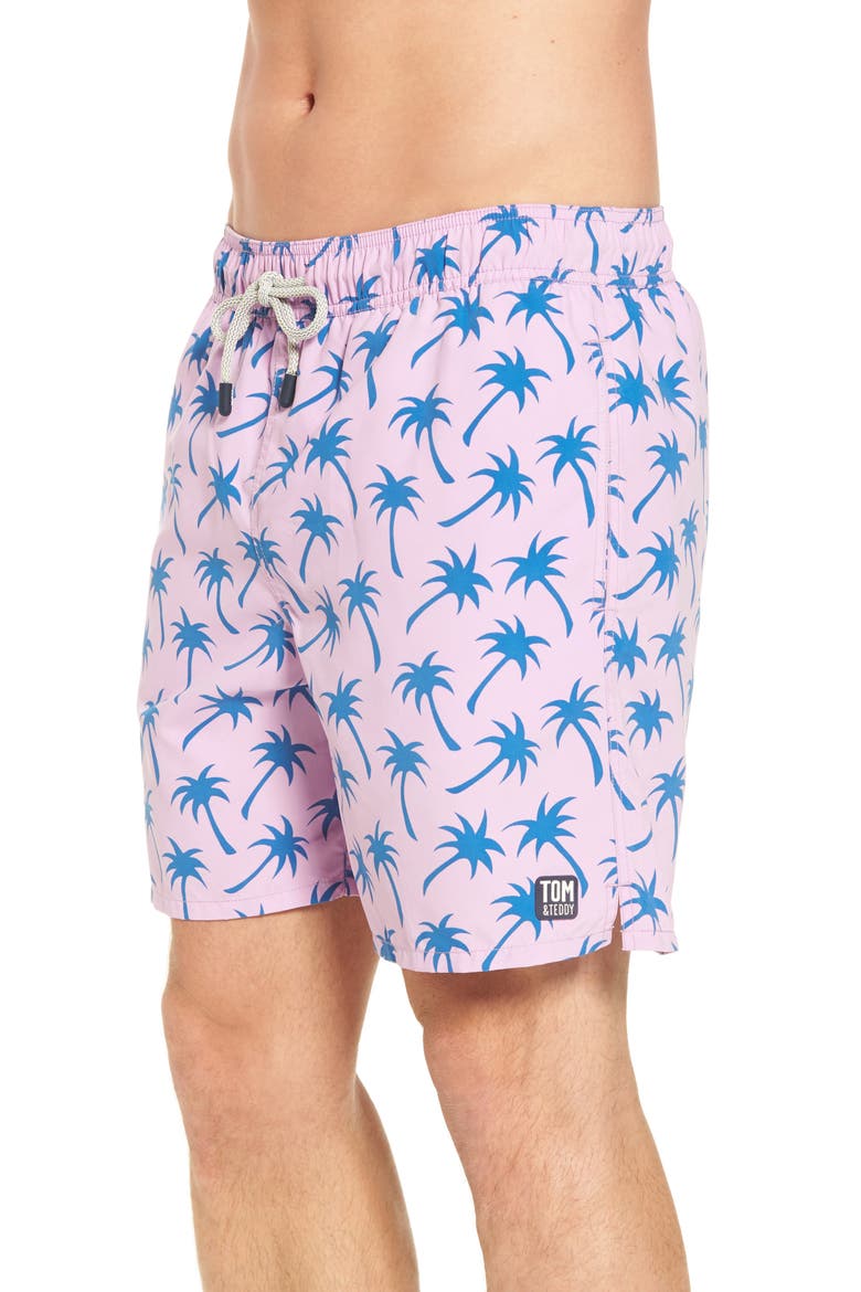 Palm Print Swim Trunks, Alternate, color, LAVENDER / BLUE