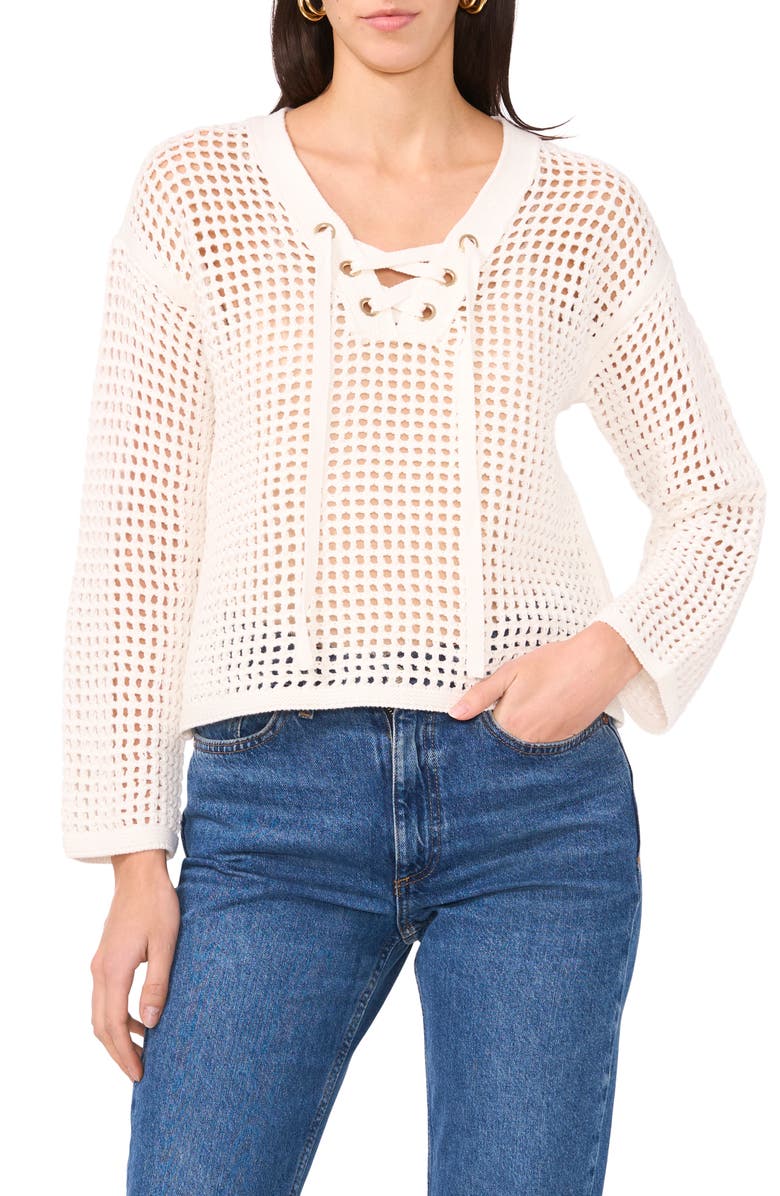 Two by Vince Camuto Open Stitch Lace-Up Top, Main, color, New Ivory