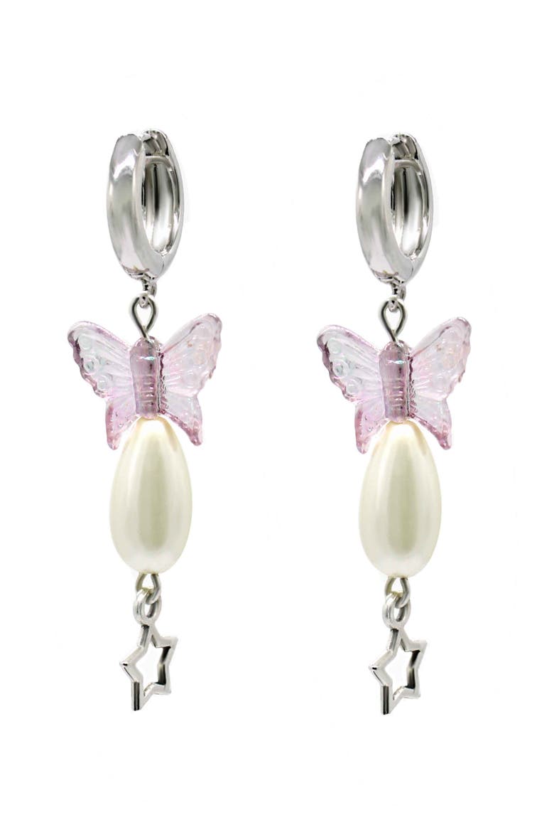 Pearl Earrings With Butterfly Charm, Main, color, Silver/Pink