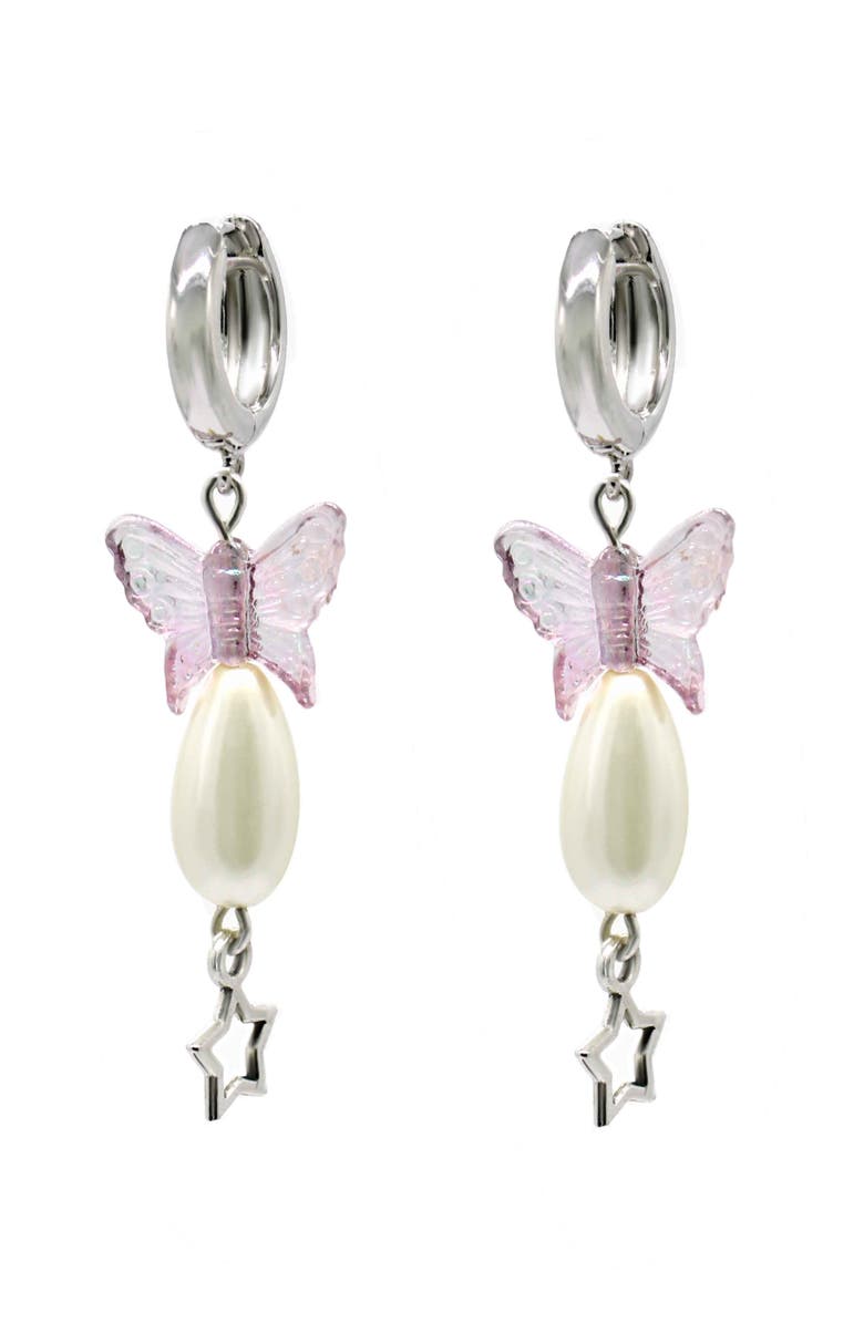 Velvet Luna Pearl Earrings With Butterfly Charm, Main, color, Silver/Pink