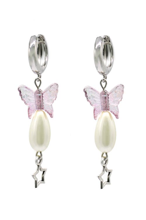 Velvet Luna Pearl Earrings With Butterfly Charm In Metallic