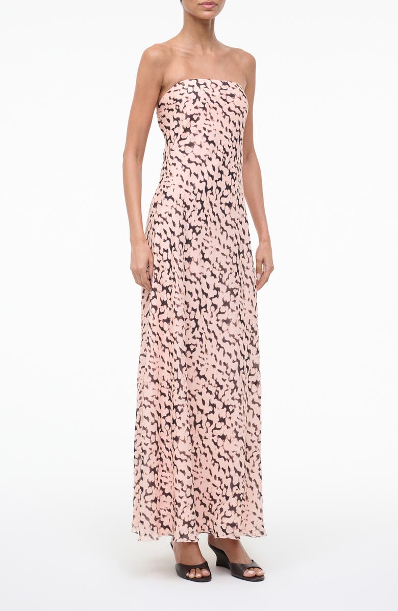 STAUD Cassie Abstract Silk Strapless Dress, Alternate, color, Almond/ Black