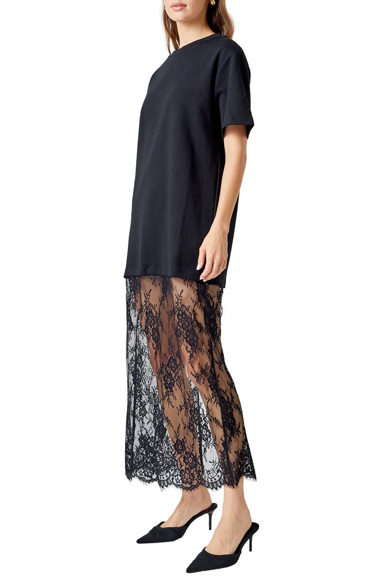 Endless Rose Mixed Media Cotton Knit & Lace T-Shirt Dress, Alternate, color, Black