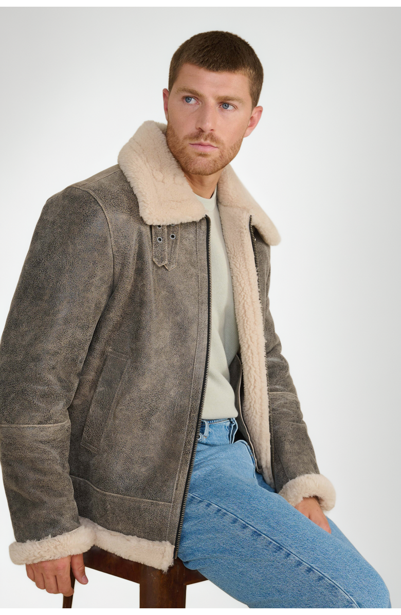 FURNIQ UK Rupert Shearling Aviator Jacket, Alternate, color, Grey