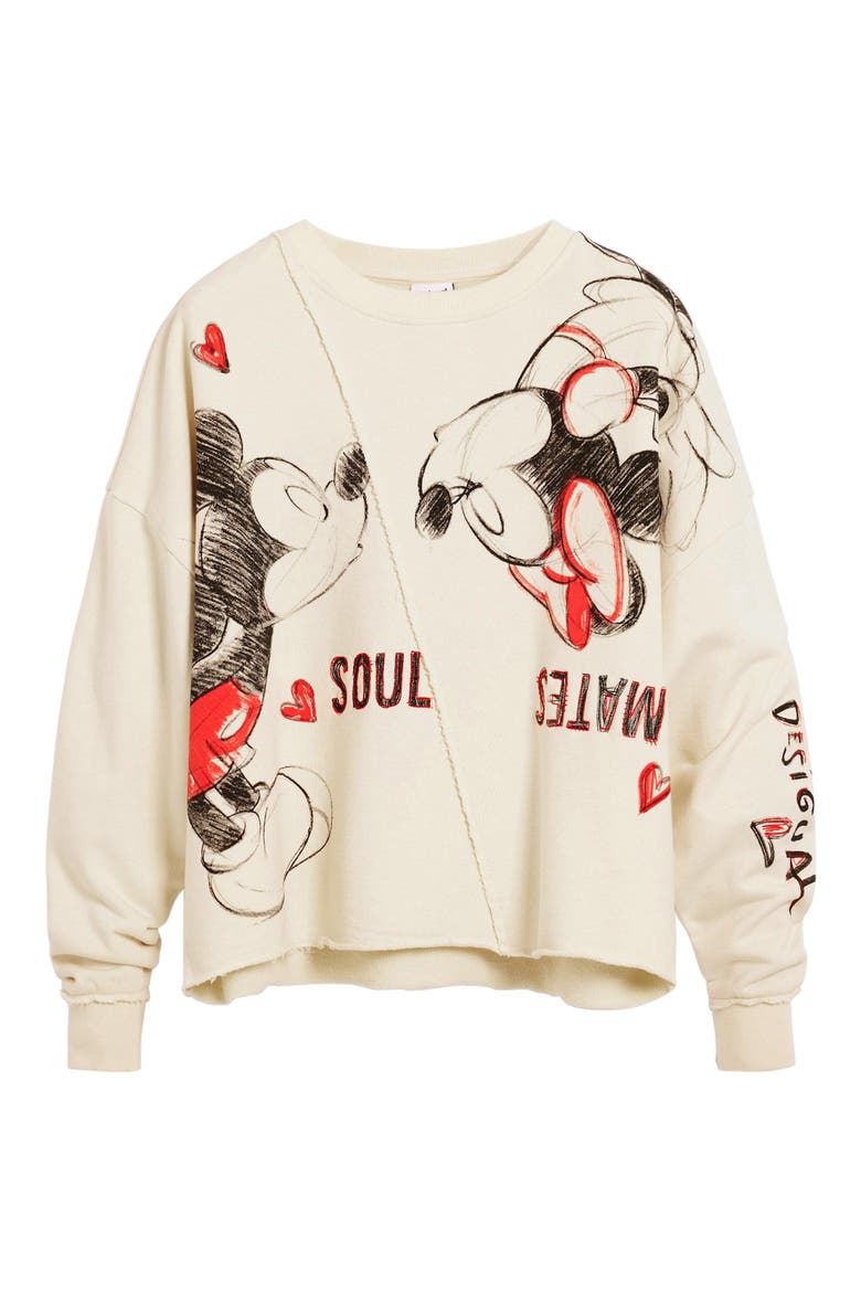 Mickey & Minnie Mouse Raw Seam Fleece Graphic Sweatshirt, Alternate, color, OFF WHITE