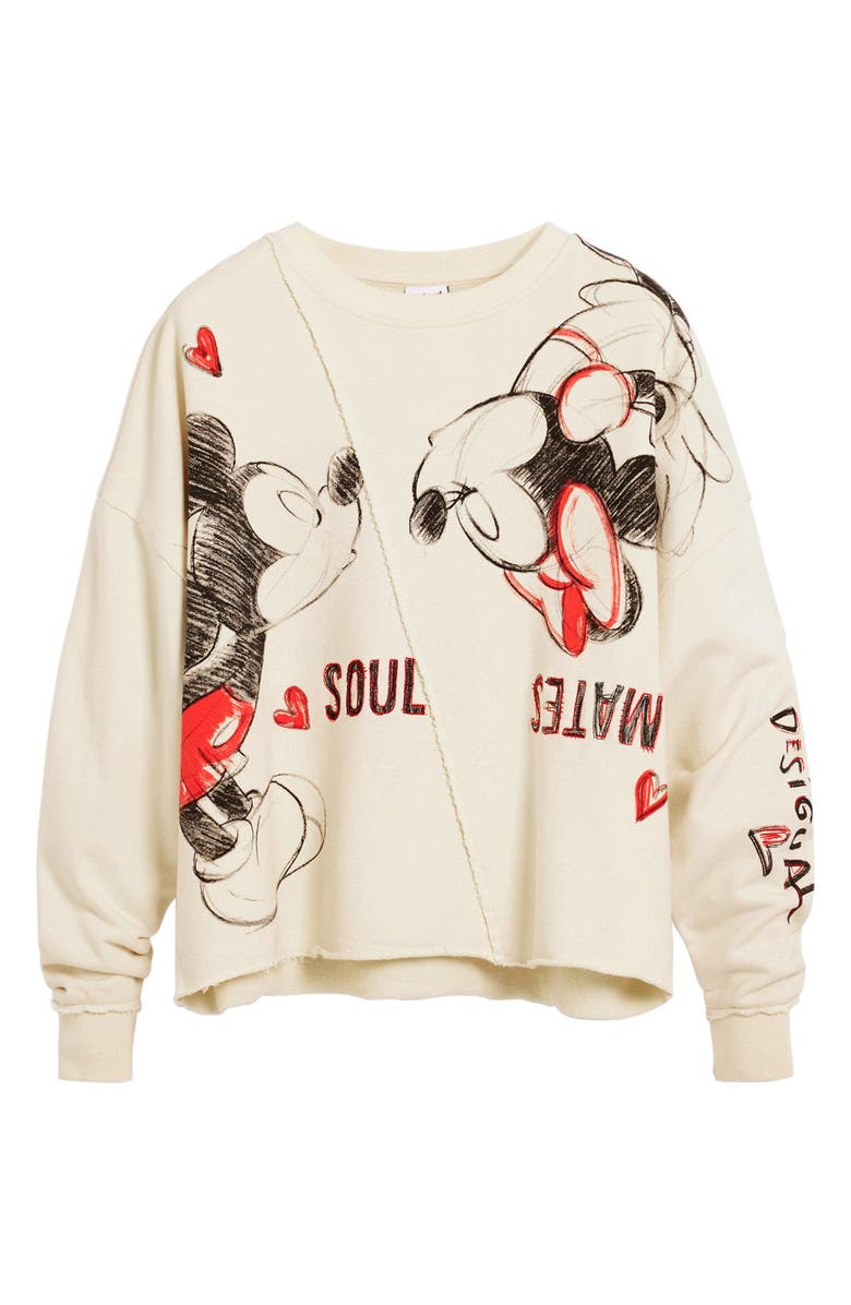 Desigual Mickey & Minnie Mouse Raw Seam Fleece Graphic Sweatshirt, Alternate, color, Off White