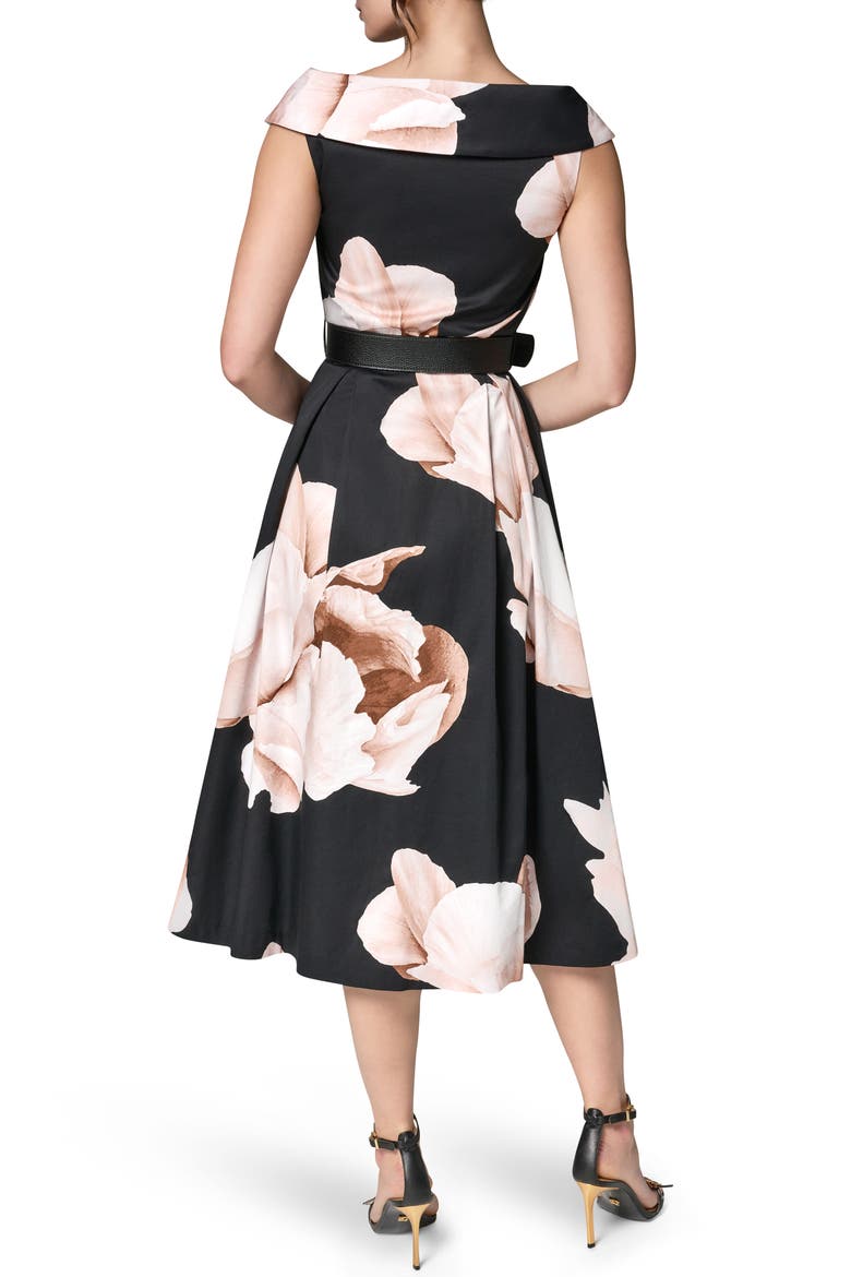 Floral Belted Stretch Fit & Flare Midi Dress, Alternate, color, BLACK MULTI