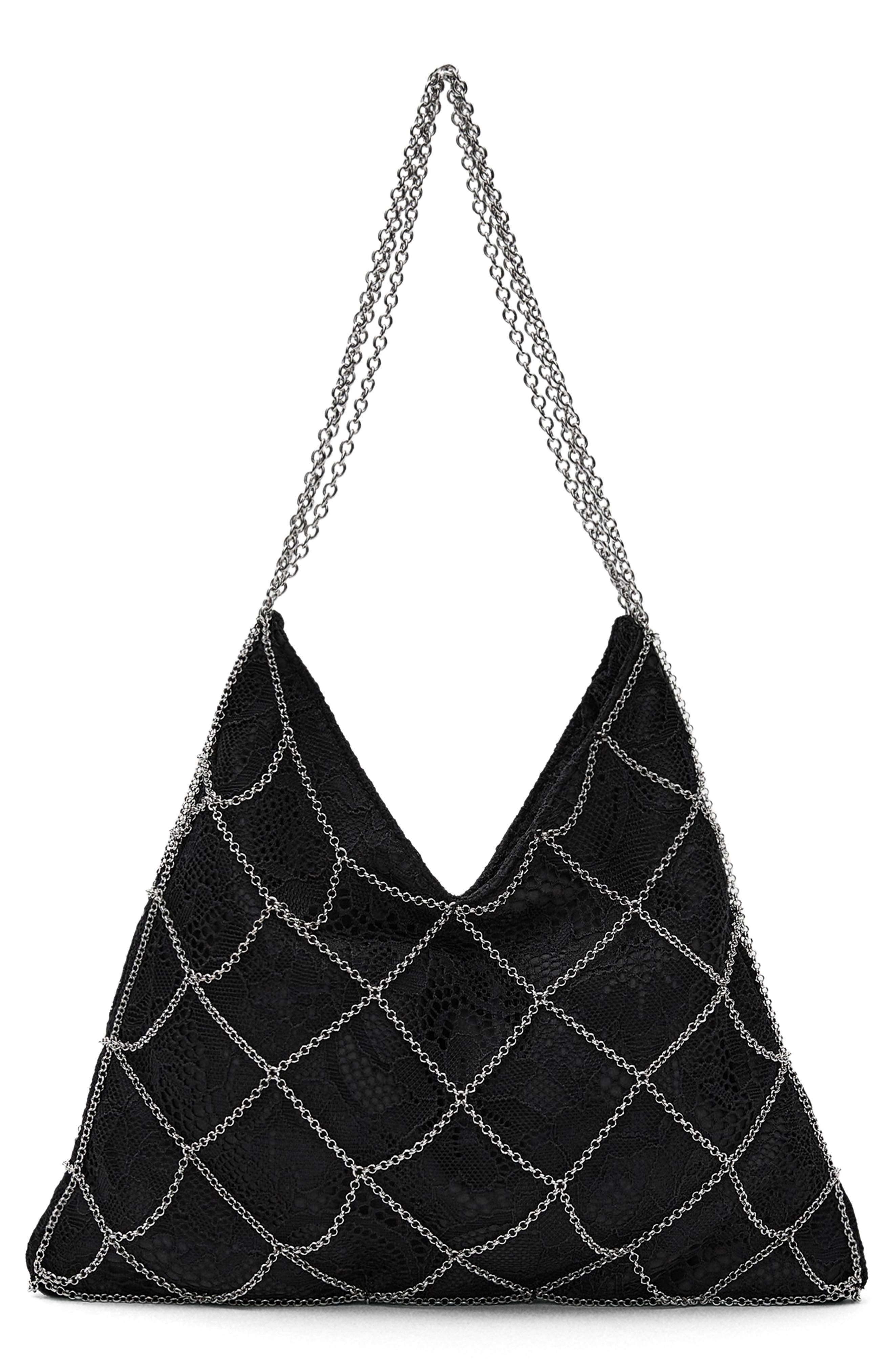 MANGO GUIPURE MESH CHAIN BAG, Main, color, Black