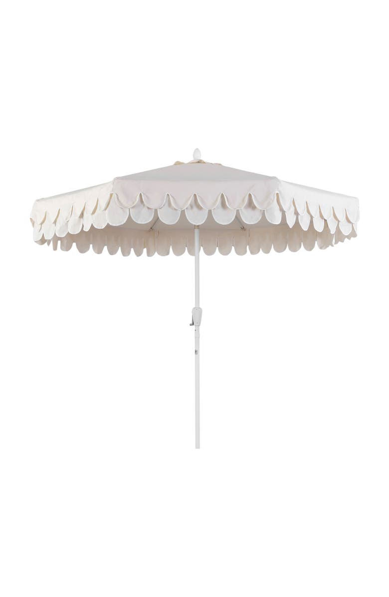 JONATHAN Y Tracy 9 ft. Classic MidCentury Scalloped Fringe Market Patio Umbrella with Auto-Tilt, Crank, Wind Vent and UV Protection, Alternate, color, Cream